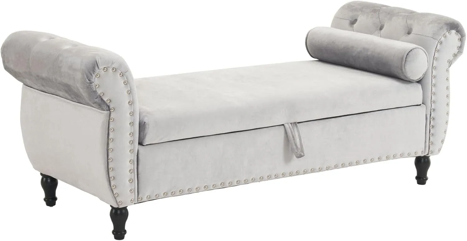 Merax 51" Velvet Armrest Ottoman with Storage and Pillow, Pine Wood Upholstered Bench Seating Foot Rest Stool Furniture for Bedroom, Living Room, Entryway, Grey