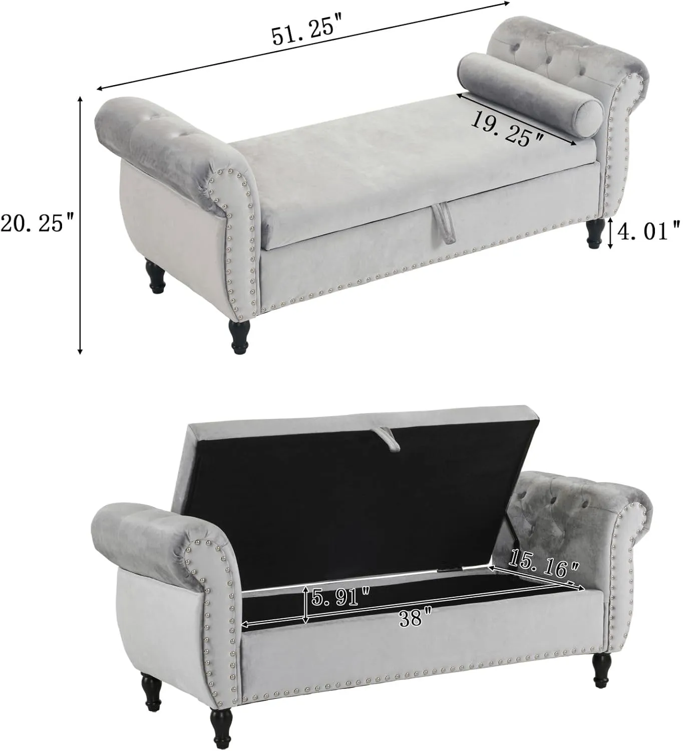 Merax 51" Velvet Armrest Ottoman with Storage and Pillow, Pine Wood Upholstered Bench Seating Foot Rest Stool Furniture for Bedroom, Living Room, Entryway, Grey