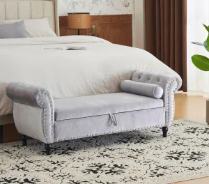 Merax 51" Velvet Armrest Ottoman with Storage and Pillow, Pine Wood Upholstered Bench Seating Foot Rest Stool Furniture for Bedroom, Living Room, Entryway, Grey