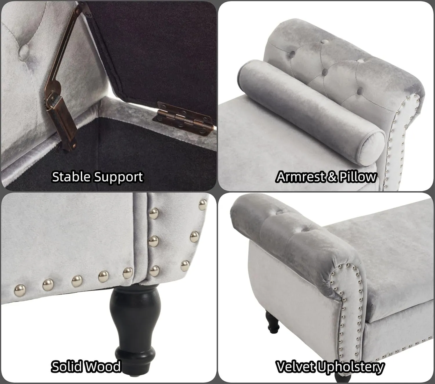 Merax 51" Velvet Armrest Ottoman with Storage and Pillow, Pine Wood Upholstered Bench Seating Foot Rest Stool Furniture for Bedroom, Living Room, Entryway, Grey