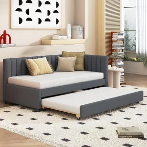 Merax Twin Size Daybed with Trundle, Upholstered Twin Daybed, Linen Fabric Twin Size Sofa Bed Frame, No Box Spring Needed, Gray