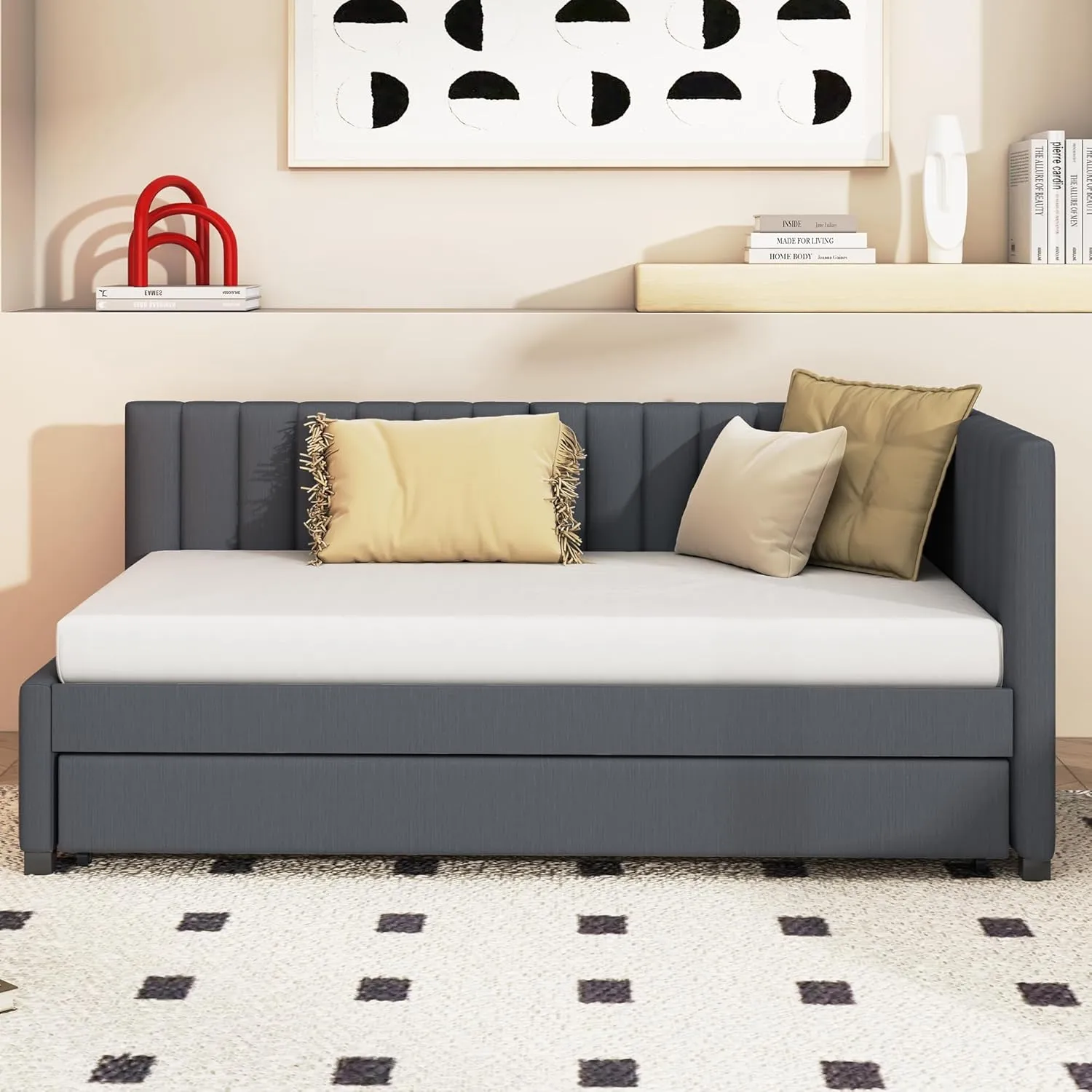 Merax Twin Size Daybed with Trundle, Upholstered Twin Daybed, Linen Fabric Twin Size Sofa Bed Frame, No Box Spring Needed, Gray