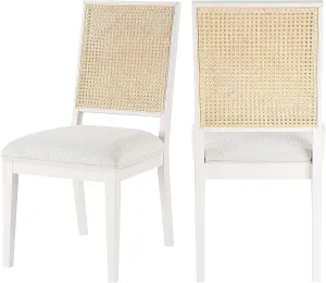 Meridian Furniture 705White-C Butterfly Collection Mid-Century Modern Dining Chair, Solid Wood White Finish, Cream Linen Textured Fabric, Natural Cane, 19" W x 24.5" D x 36.5" H, Cream, Set of 2