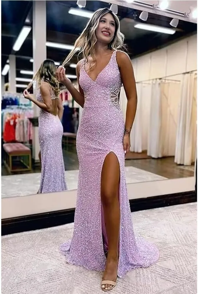 Mermaid Prom Dresses v-Neck Backless Hollow-Out Sequined Formal Dresses for Women with Side Slit