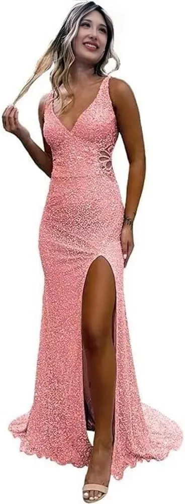 Mermaid Prom Dresses v-Neck Backless Hollow-Out Sequined Formal Dresses for Women with Side Slit