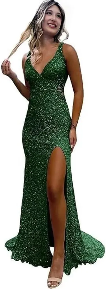 Mermaid Prom Dresses v-Neck Backless Hollow-Out Sequined Formal Dresses for Women with Side Slit