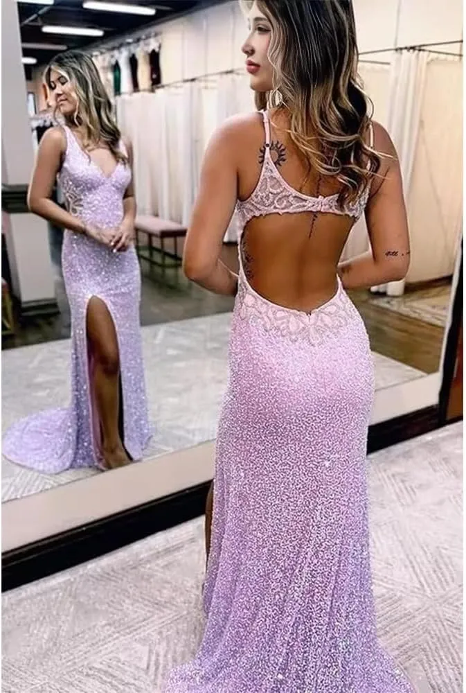 Mermaid Prom Dresses v-Neck Backless Hollow-Out Sequined Formal Dresses for Women with Side Slit