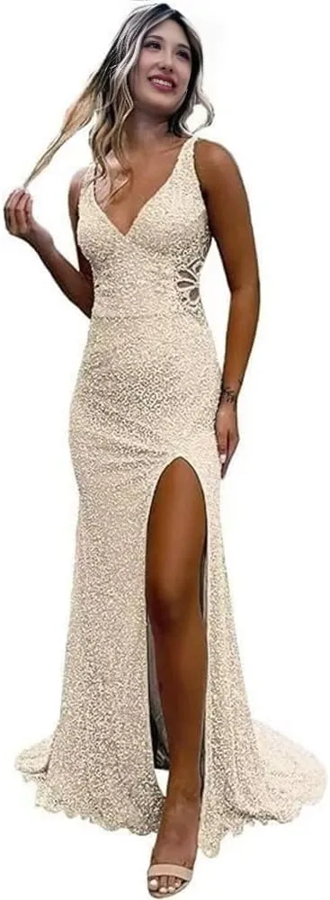 Mermaid Prom Dresses v-Neck Backless Hollow-Out Sequined Formal Dresses for Women with Side Slit