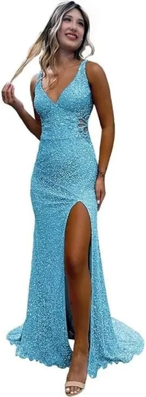 Mermaid Prom Dresses v-Neck Backless Hollow-Out Sequined Formal Dresses for Women with Side Slit