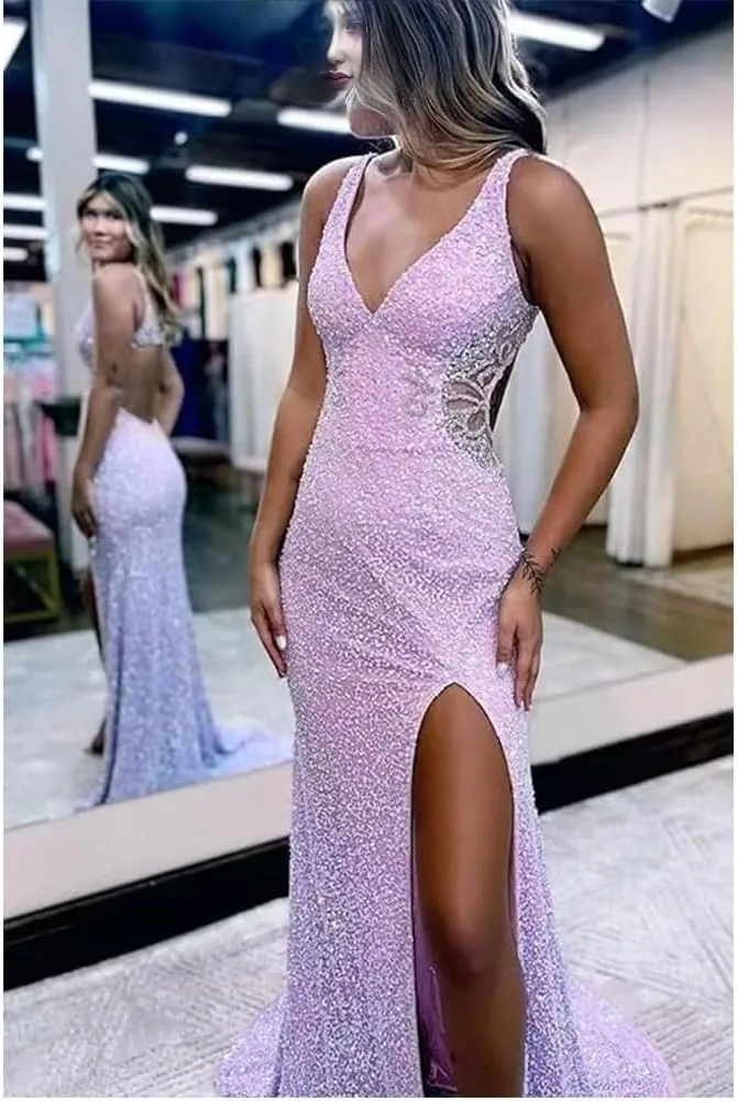Mermaid Prom Dresses v-Neck Backless Hollow-Out Sequined Formal Dresses for Women with Side Slit