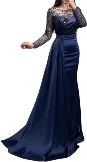 Mermaid/Trumpet Elegant Formal Wedding Guest Dress Jewel Neck Court Train Long Sleeve Party Dress Pearls Sequin 2024