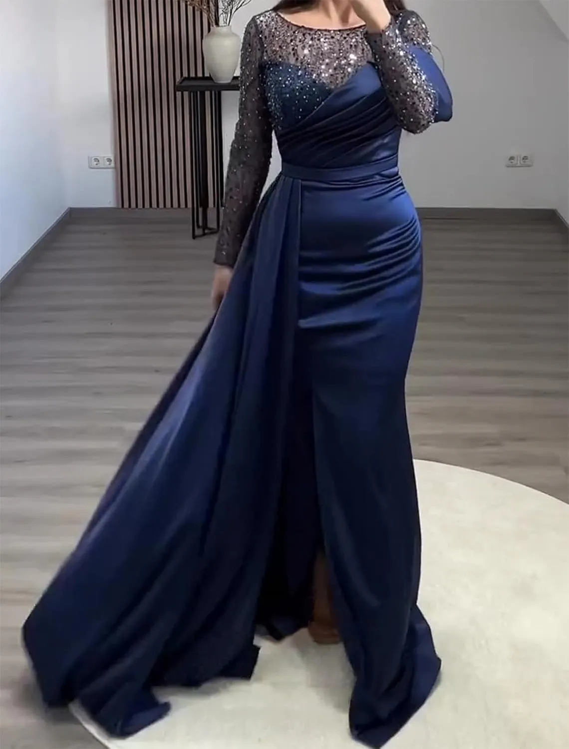 Mermaid/Trumpet Elegant Formal Wedding Guest Dress Jewel Neck Court Train Long Sleeve Party Dress Pearls Sequin 2024