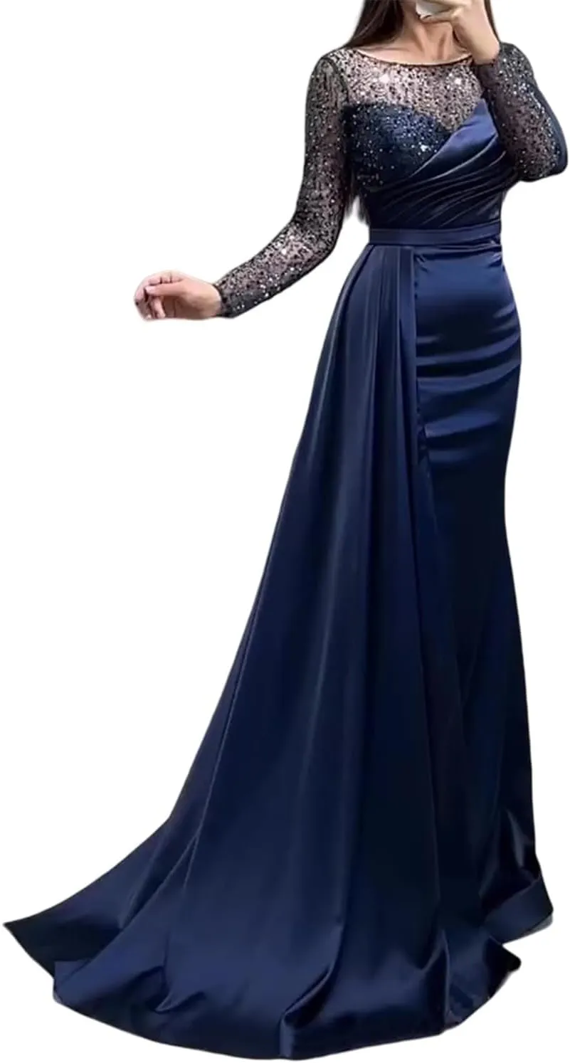 Mermaid/Trumpet Elegant Formal Wedding Guest Dress Jewel Neck Court Train Long Sleeve Party Dress Pearls Sequin 2024