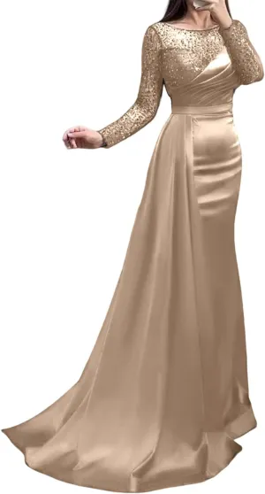 Mermaid/Trumpet Elegant Formal Wedding Guest Dress Jewel Neck Court Train Long Sleeve Party Dress Pearls Sequin 2024