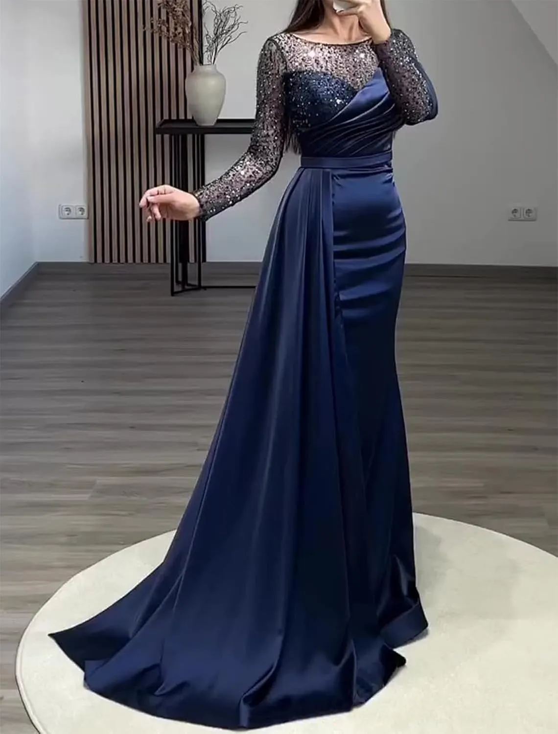 Mermaid/Trumpet Elegant Formal Wedding Guest Dress Jewel Neck Court Train Long Sleeve Party Dress Pearls Sequin 2024