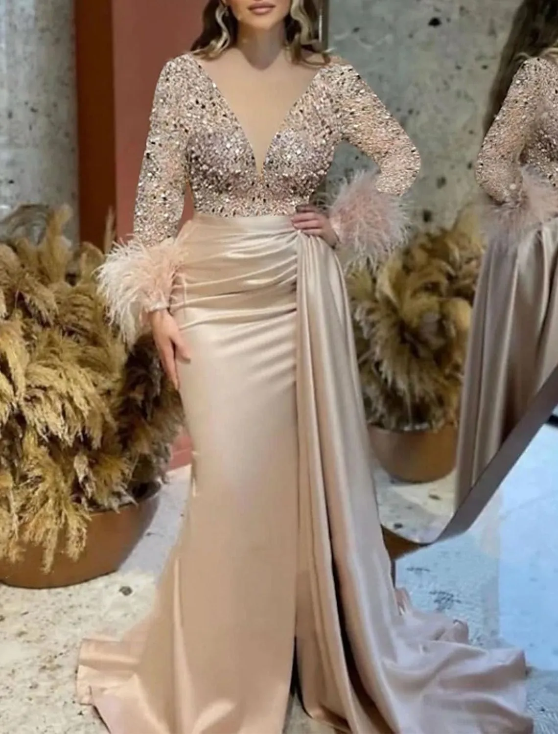 Mermaid/Trumpet Elegant Formal Wedding Party Gowns V Neck Long Sleeve Court Train Party Evening Dress Ruched 2024