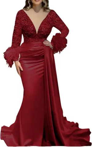 Mermaid/Trumpet Elegant Formal Wedding Party Gowns V Neck Long Sleeve Court Train Party Evening Dress Ruched 2024