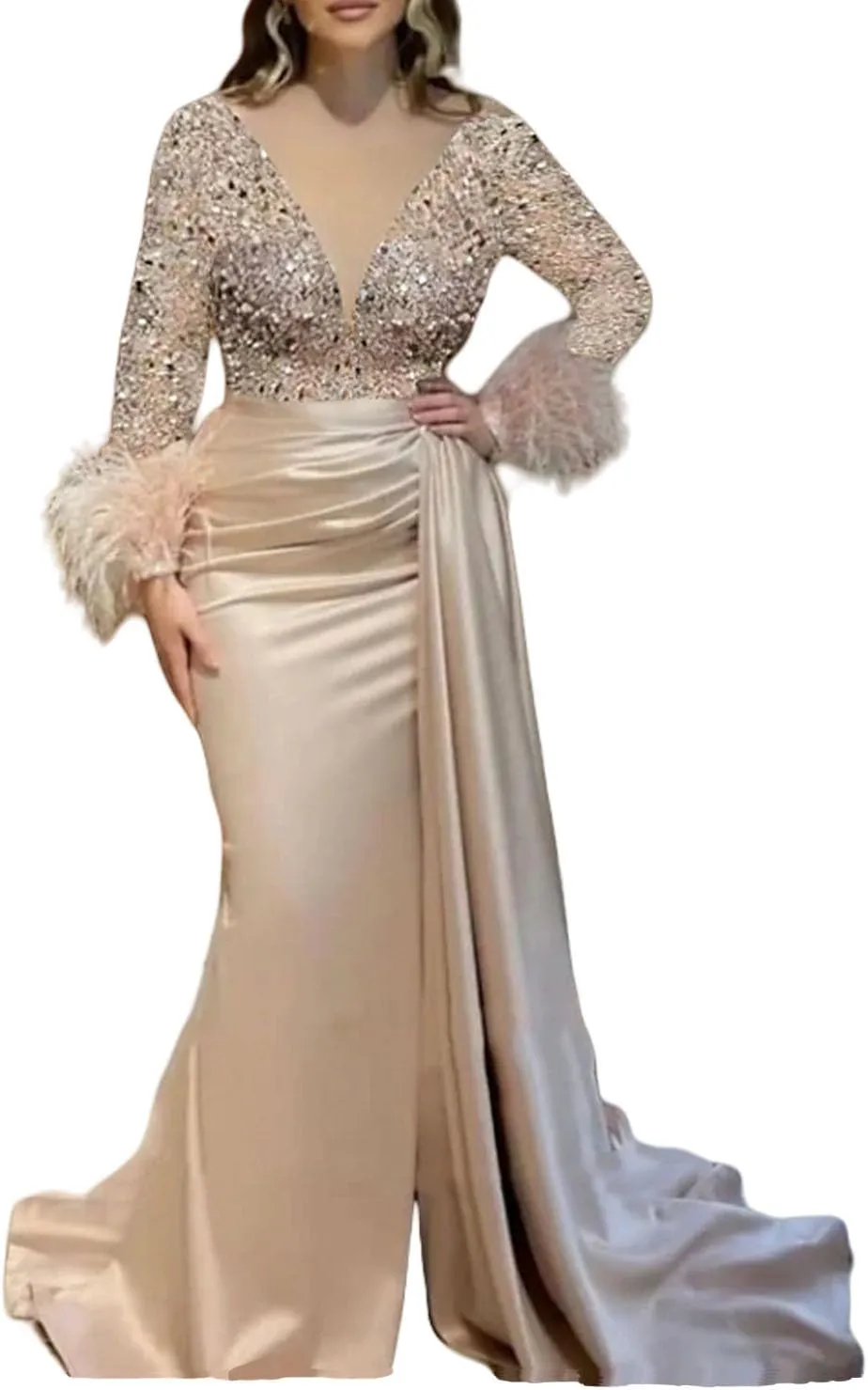 Mermaid/Trumpet Elegant Formal Wedding Party Gowns V Neck Long Sleeve Court Train Party Evening Dress Ruched 2024