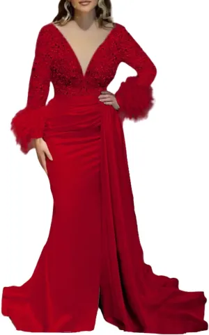 Mermaid/Trumpet Elegant Formal Wedding Party Gowns V Neck Long Sleeve Court Train Party Evening Dress Ruched 2024