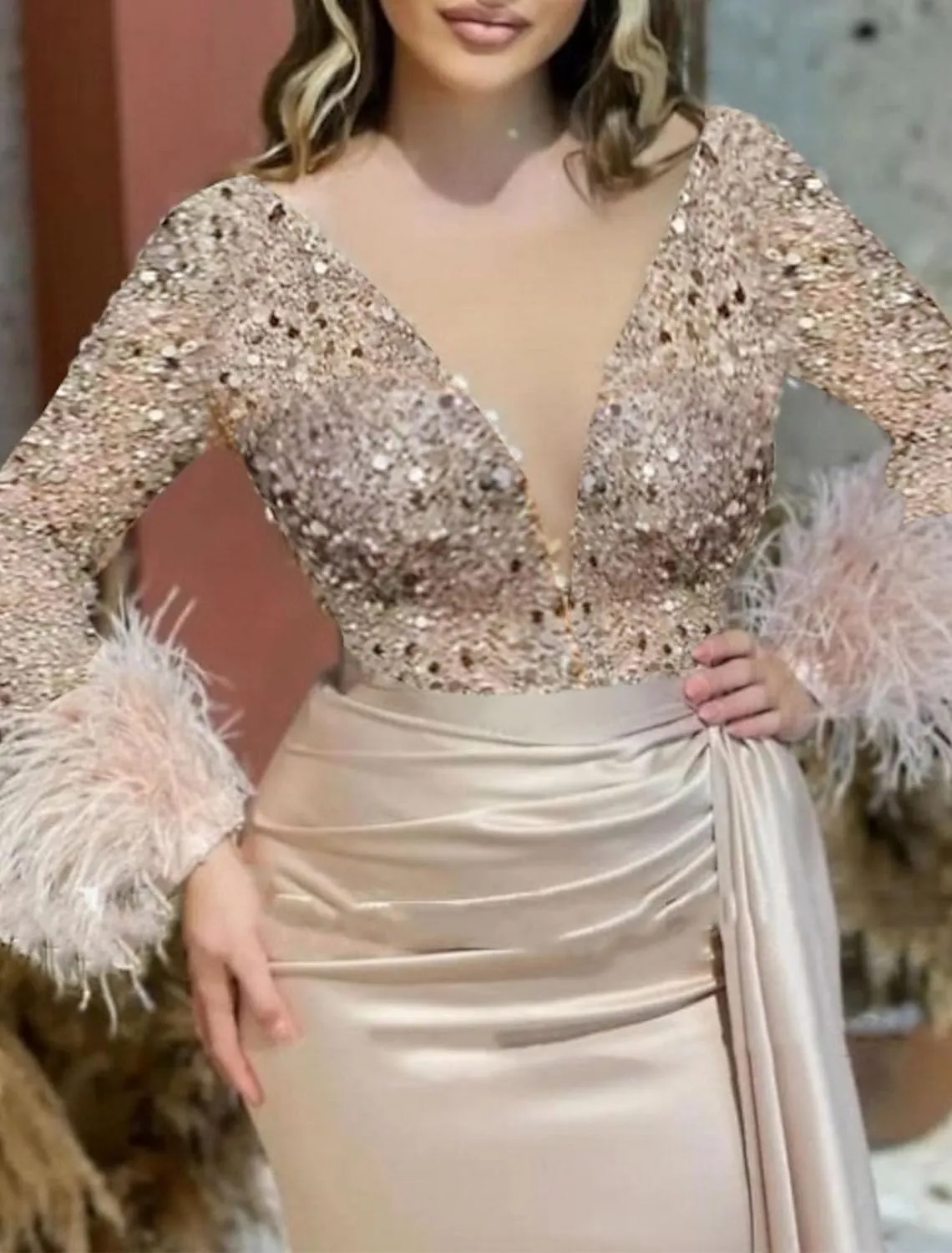 Mermaid/Trumpet Elegant Formal Wedding Party Gowns V Neck Long Sleeve Court Train Party Evening Dress Ruched 2024