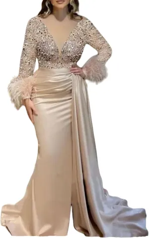Mermaid/Trumpet Elegant Formal Wedding Party Gowns V Neck Long Sleeve Court Train Party Evening Dress Ruched 2024