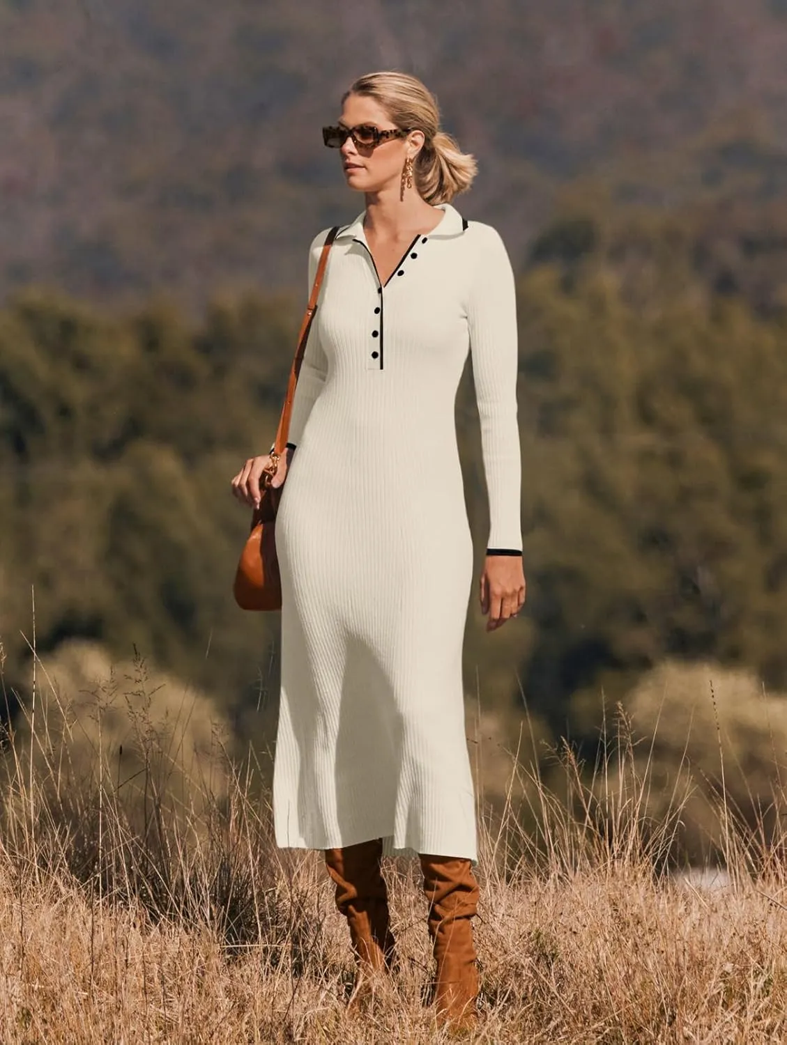 MEROKEETY Women's Long Sleeve V Neck Sweater Dress Button Ribbed Knit Slim Fit Elegant Maxi Dresses