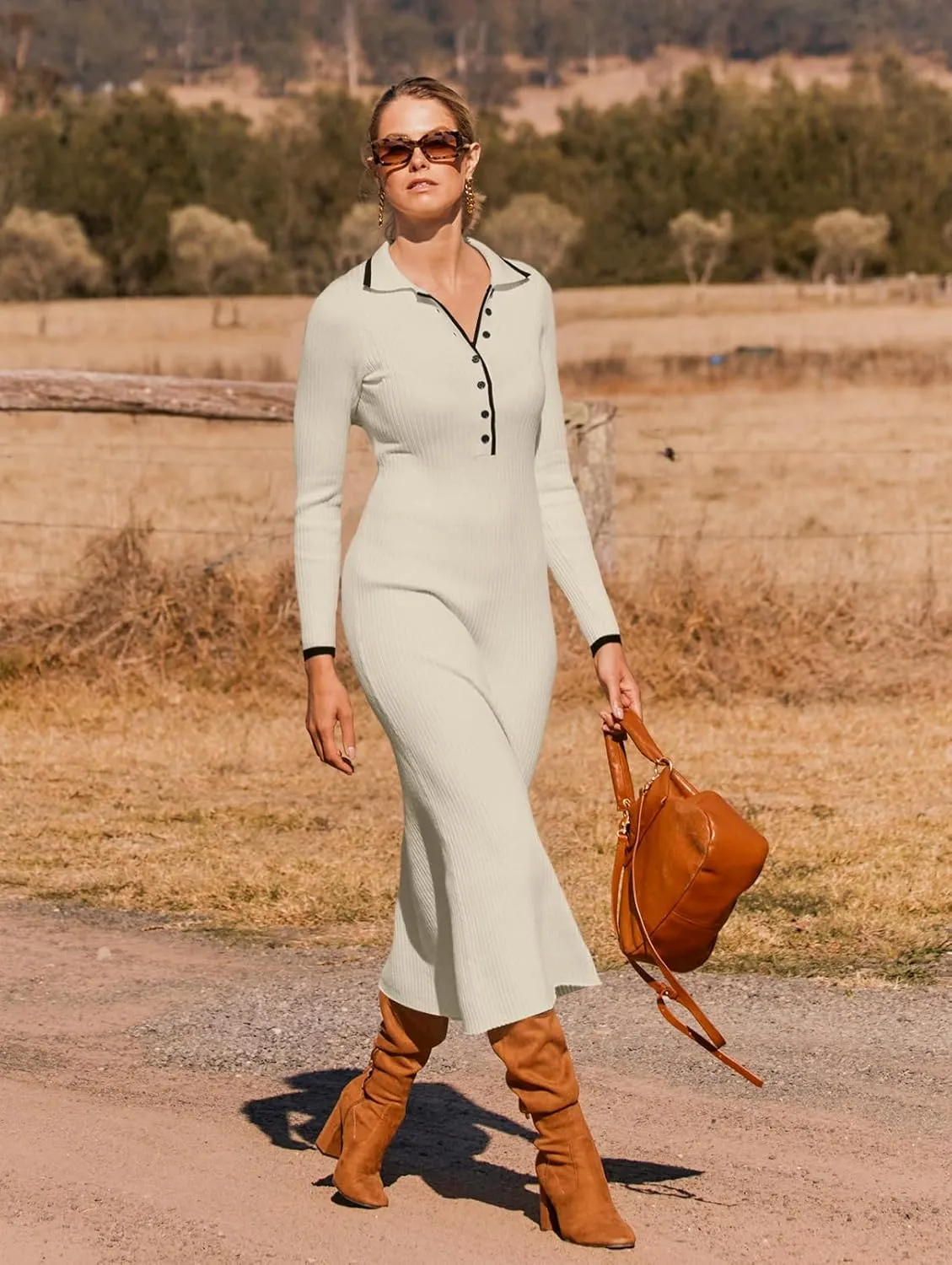 MEROKEETY Women's Long Sleeve V Neck Sweater Dress Button Ribbed Knit Slim Fit Elegant Maxi Dresses