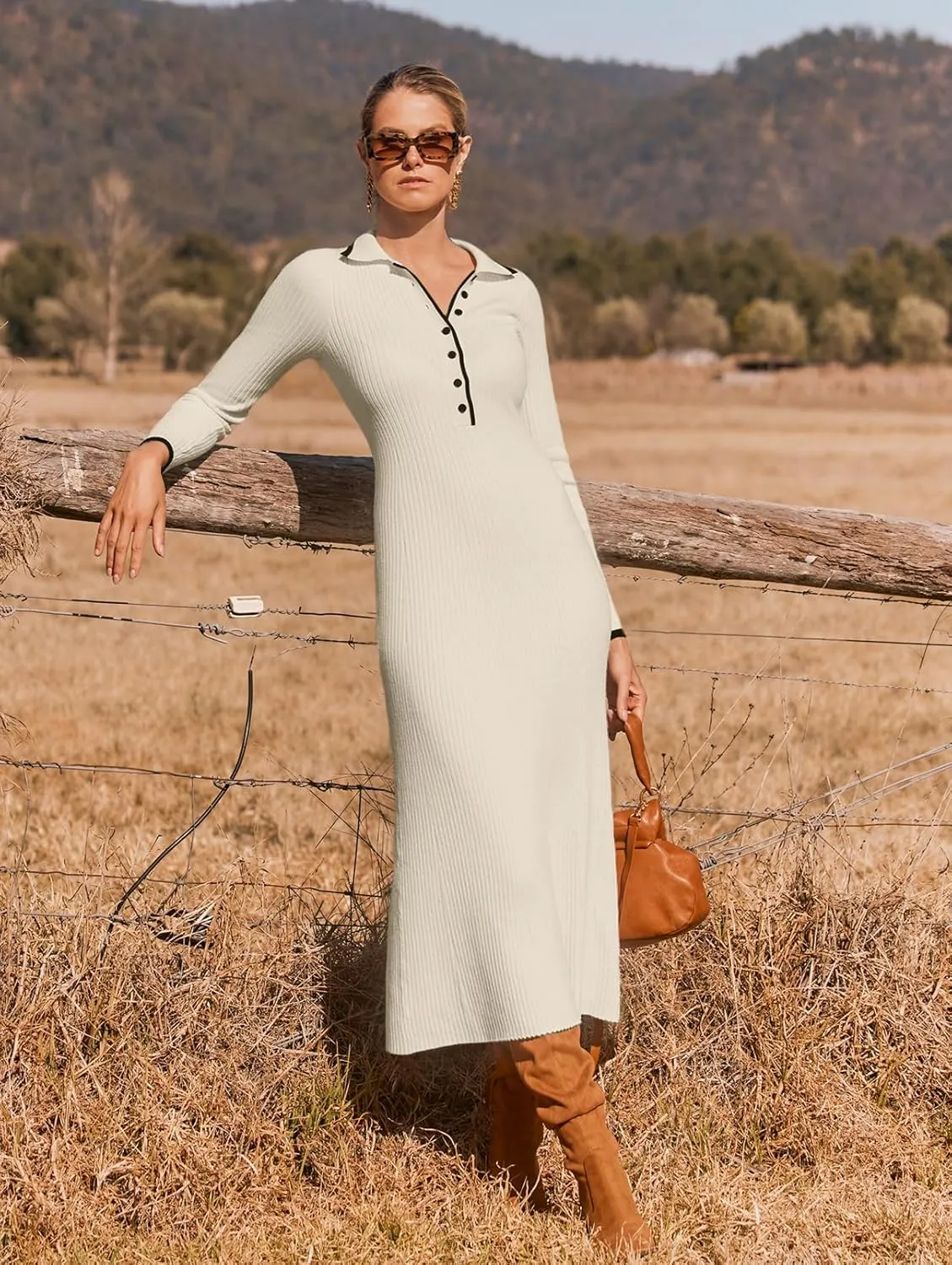 MEROKEETY Women's Long Sleeve V Neck Sweater Dress Button Ribbed Knit Slim Fit Elegant Maxi Dresses