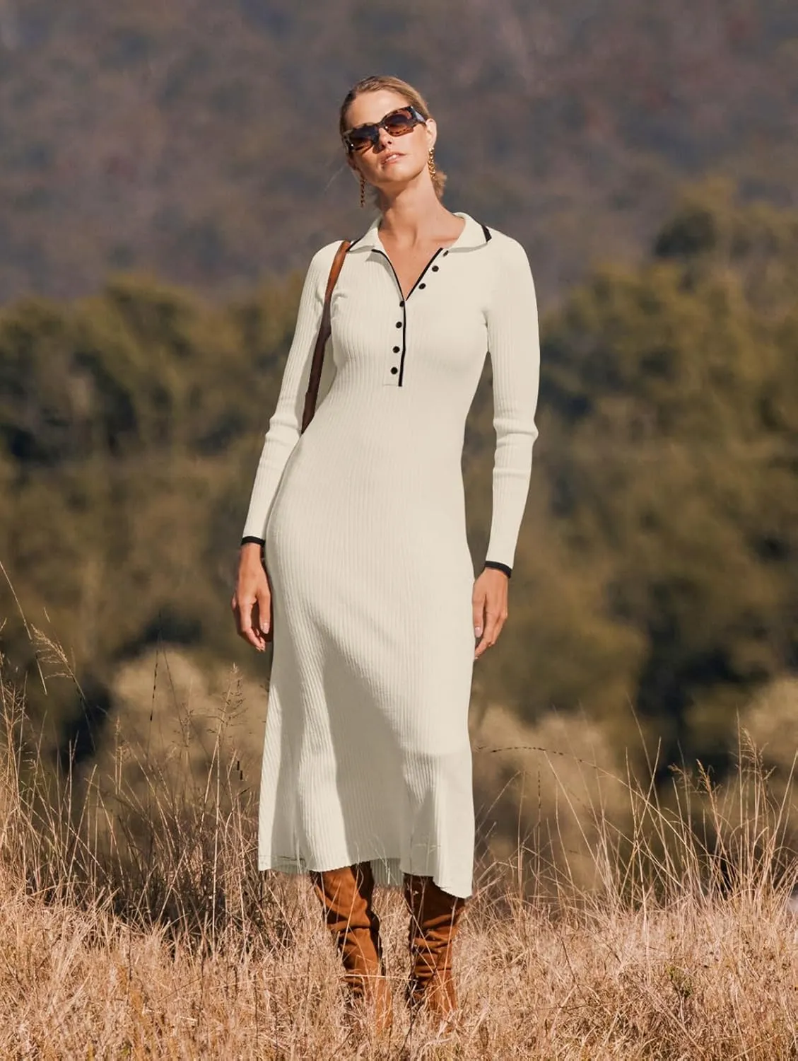 MEROKEETY Women's Long Sleeve V Neck Sweater Dress Button Ribbed Knit Slim Fit Elegant Maxi Dresses