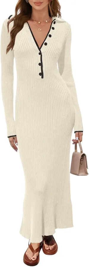 MEROKEETY Women's Long Sleeve V Neck Sweater Dress Button Ribbed Knit Slim Fit Elegant Maxi Dresses