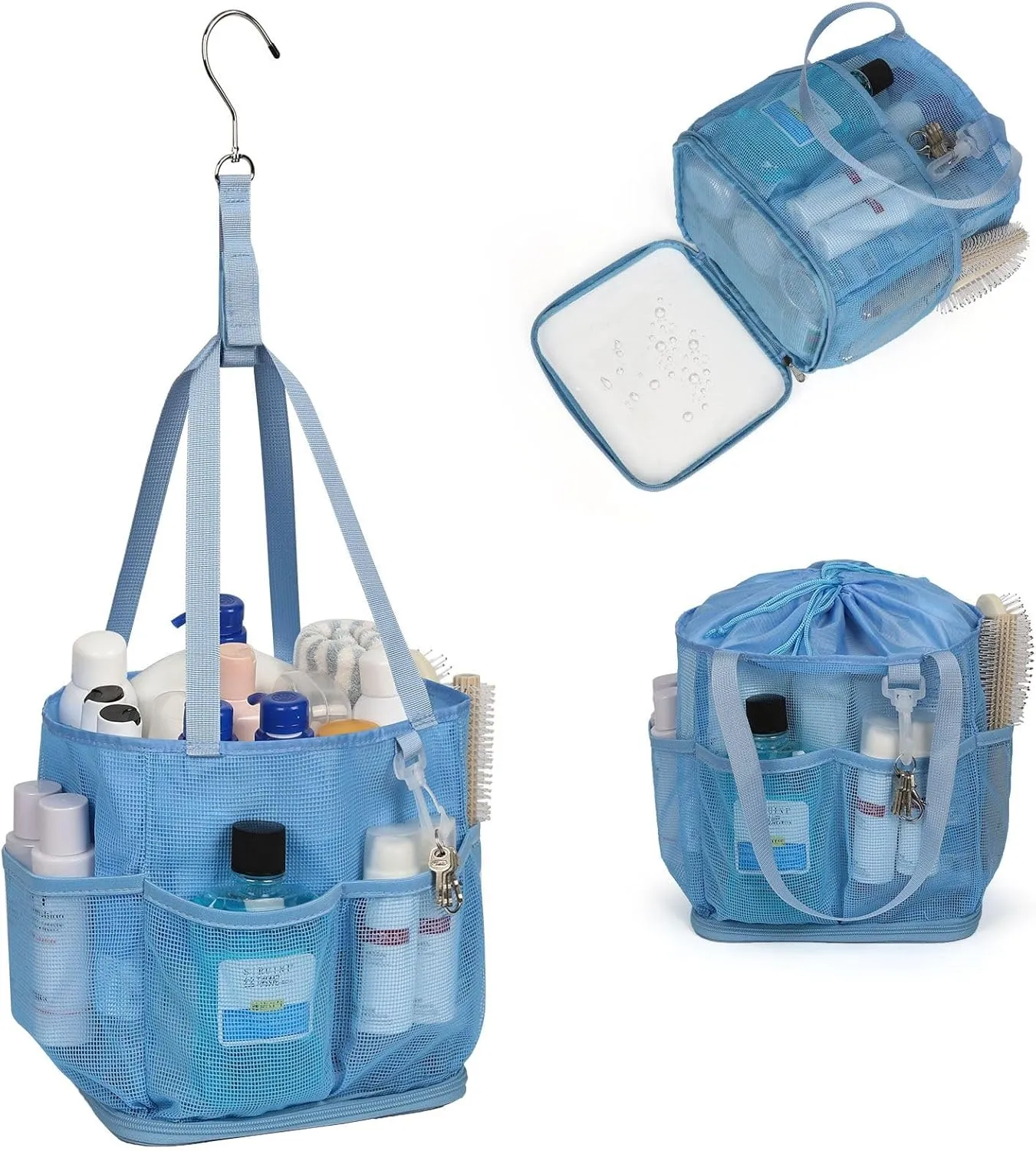 Mesh Shower Caddy Portable for College Dorm Room Essentials, Shower Tote Bag with Hanging Hook and Drawstring, Quick Dry Toiletry Bag with 6 Pockets for Bathroom, Swimming, Gym, Camping, Beach, Travel