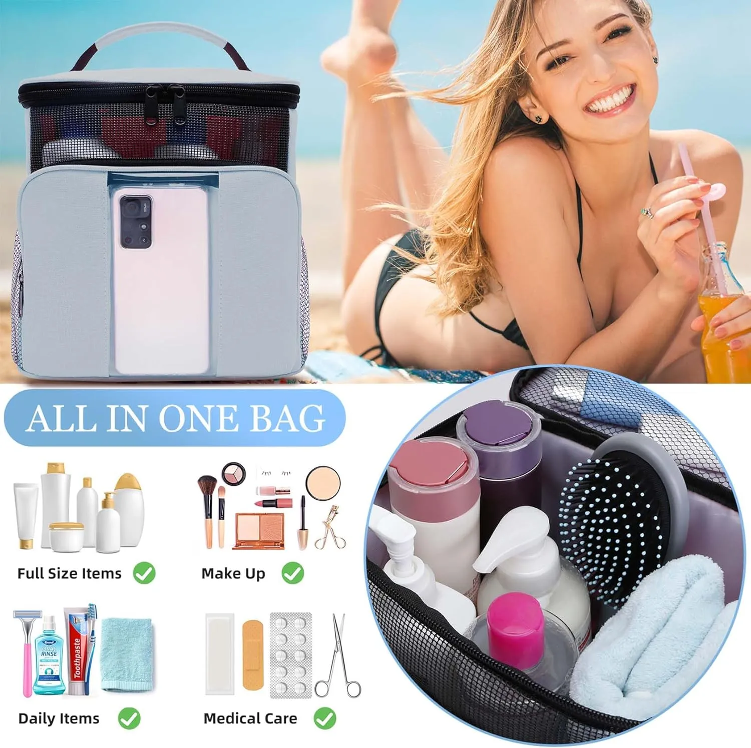 Mesh Shower Caddy,Portable HangingTravel Toiletry Bag Dorm Room Essentials for College Students Girls,Large Makeup Organizer for Full-Sized Toiletries,Travel Essentials for Women Girls Camping Beach