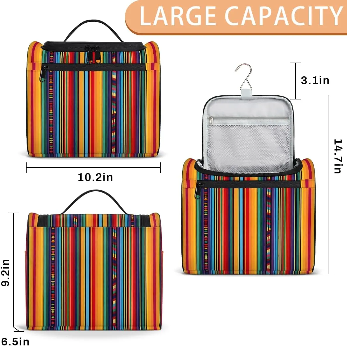 Mexican Colorful Stripes Travel Toiletry Bag for Men and Women, Large Hanging Makeup Bag Organizer Toiletries Bag for Travel, Cosmetic Bag with Handle