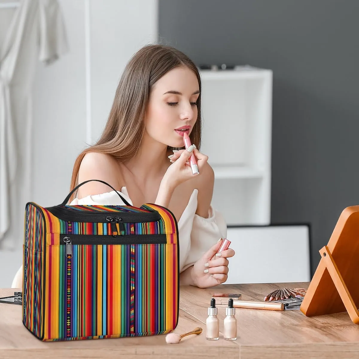 Mexican Colorful Stripes Travel Toiletry Bag for Men and Women, Large Hanging Makeup Bag Organizer Toiletries Bag for Travel, Cosmetic Bag with Handle
