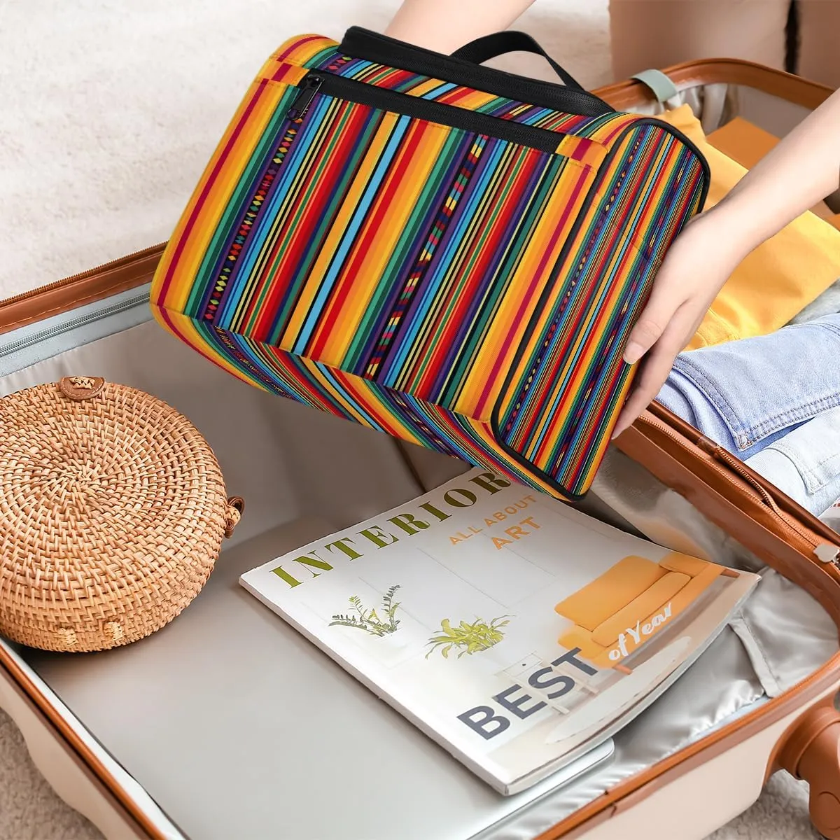 Mexican Colorful Stripes Travel Toiletry Bag for Men and Women, Large Hanging Makeup Bag Organizer Toiletries Bag for Travel, Cosmetic Bag with Handle