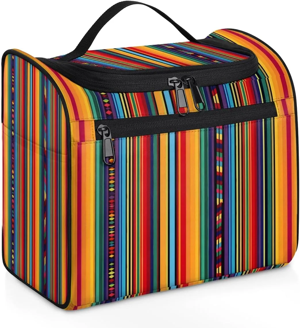 Mexican Colorful Stripes Travel Toiletry Bag for Men and Women, Large Hanging Makeup Bag Organizer Toiletries Bag for Travel, Cosmetic Bag with Handle