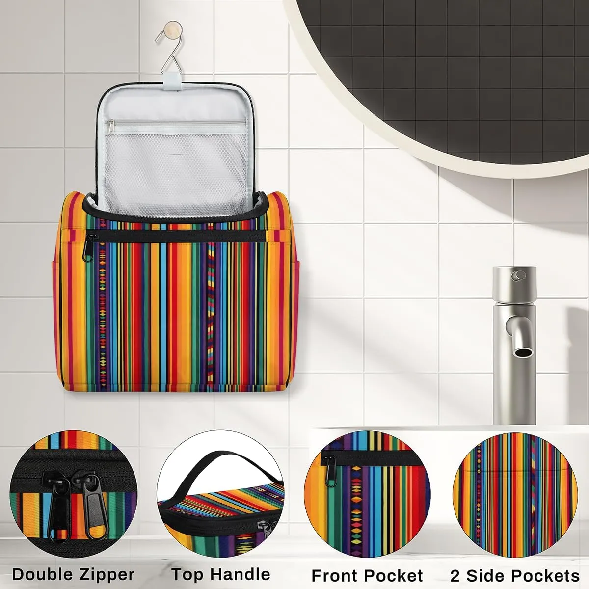 Mexican Colorful Stripes Travel Toiletry Bag for Men and Women, Large Hanging Makeup Bag Organizer Toiletries Bag for Travel, Cosmetic Bag with Handle