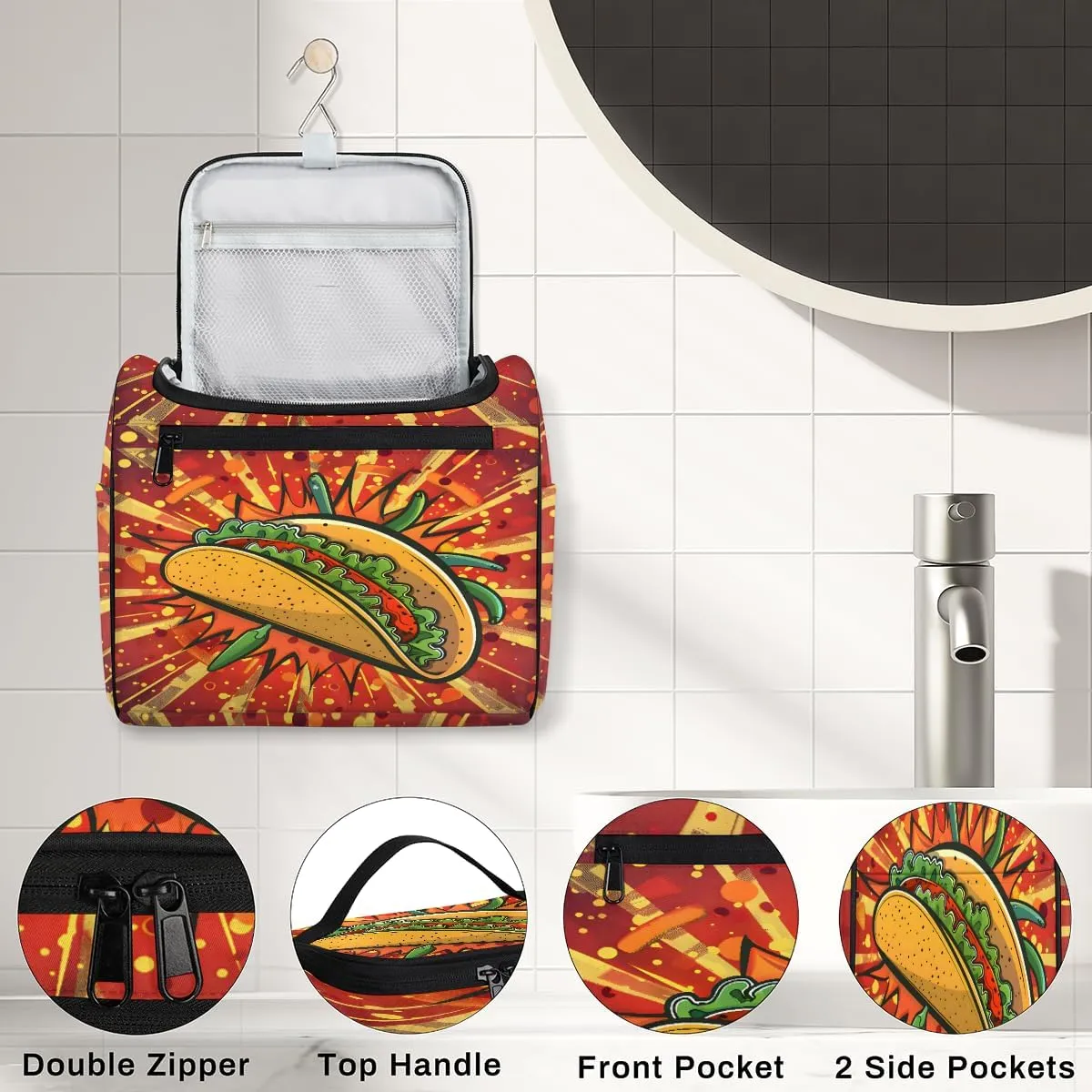 Mexican Food Travel Toiletry Bag for Men and Women, Large Hanging Makeup Bag Organizer Toiletries Bag for Travel, Cosmetic Bag with Handle