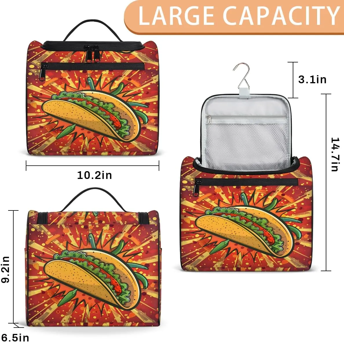 Mexican Food Travel Toiletry Bag for Men and Women, Large Hanging Makeup Bag Organizer Toiletries Bag for Travel, Cosmetic Bag with Handle