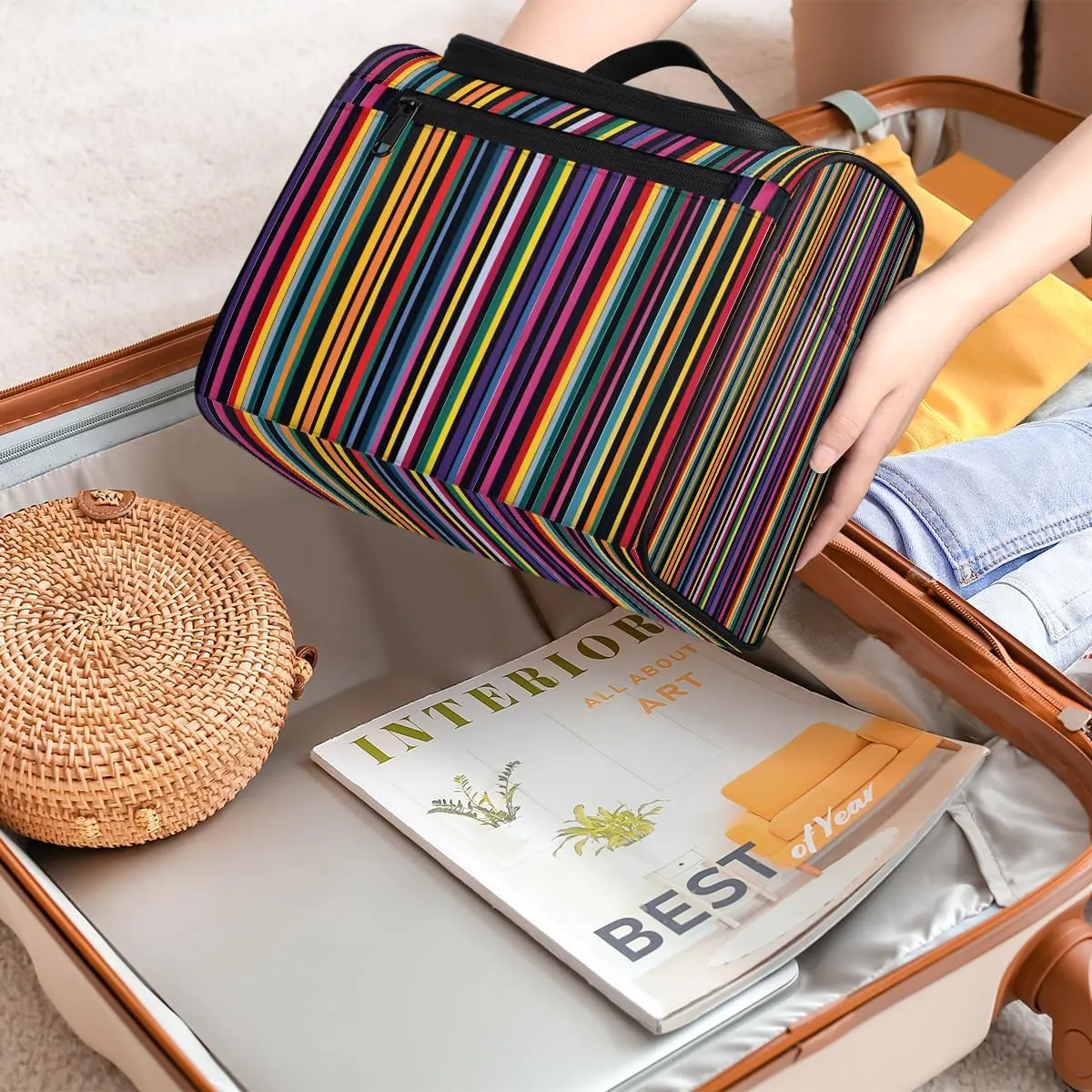Mexican Stripes Colorful Travel Toiletry Bag for Men and Women, Large Hanging Makeup Bag Organizer Toiletries Bag for Travel, Cosmetic Bag with Handle