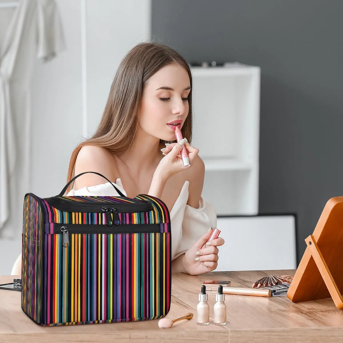 Mexican Stripes Colorful Travel Toiletry Bag for Men and Women, Large Hanging Makeup Bag Organizer Toiletries Bag for Travel, Cosmetic Bag with Handle