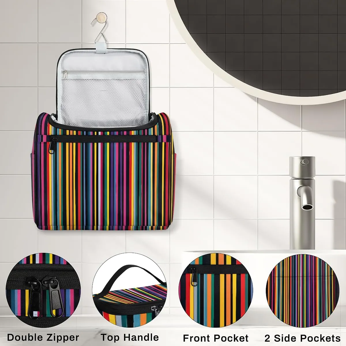 Mexican Stripes Colorful Travel Toiletry Bag for Men and Women, Large Hanging Makeup Bag Organizer Toiletries Bag for Travel, Cosmetic Bag with Handle