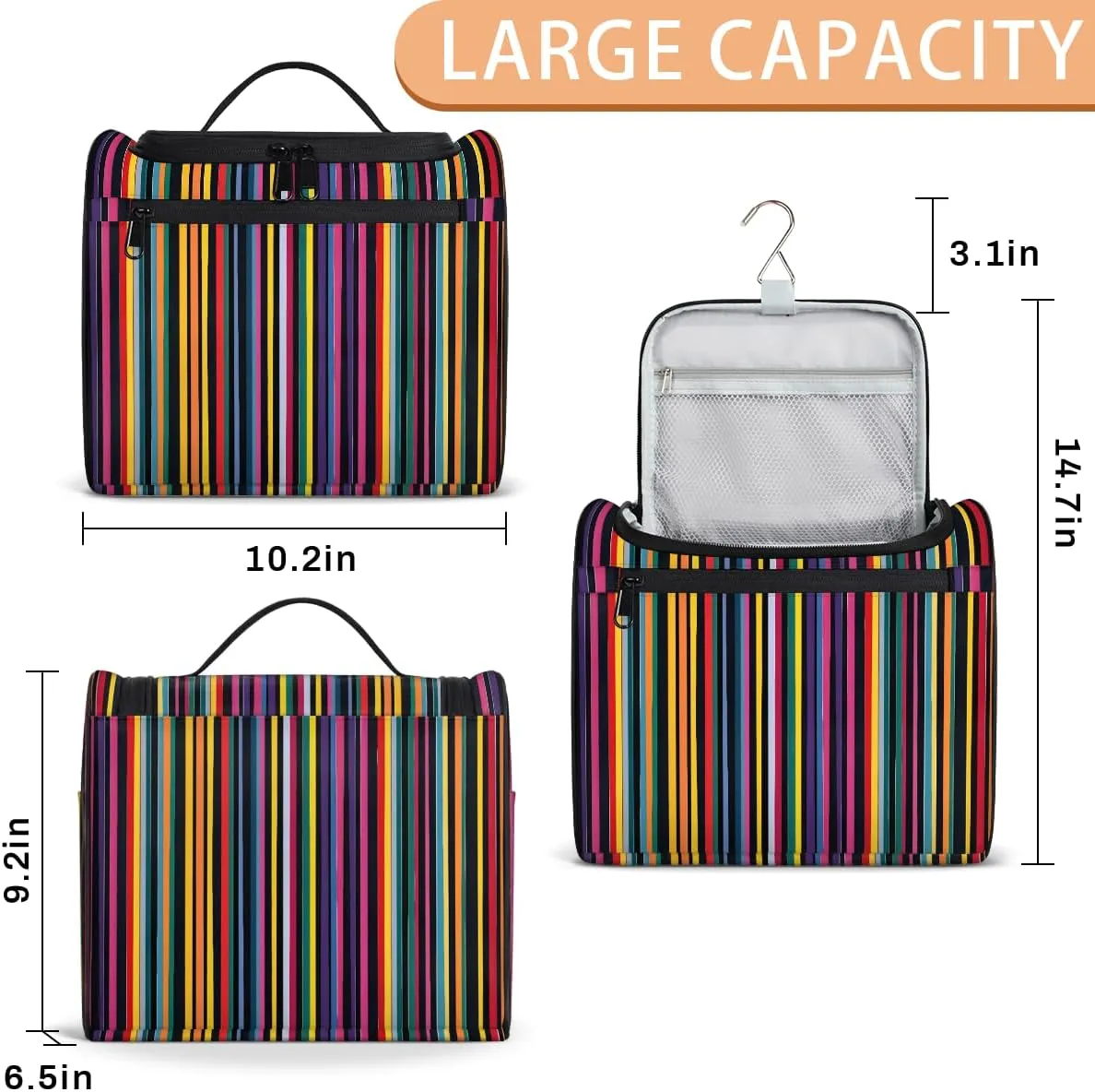 Mexican Stripes Colorful Travel Toiletry Bag for Men and Women, Large Hanging Makeup Bag Organizer Toiletries Bag for Travel, Cosmetic Bag with Handle