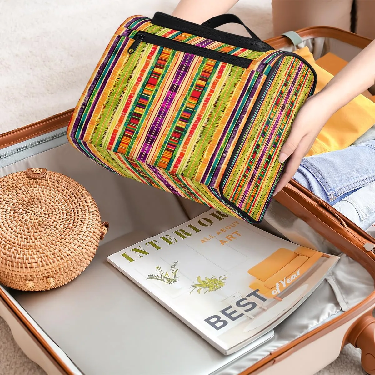 Mexican Stripes Travel Toiletry Bag for Men and Women, Large Hanging Makeup Bag Organizer Toiletries Bag for Travel, Cosmetic Bag with Handle