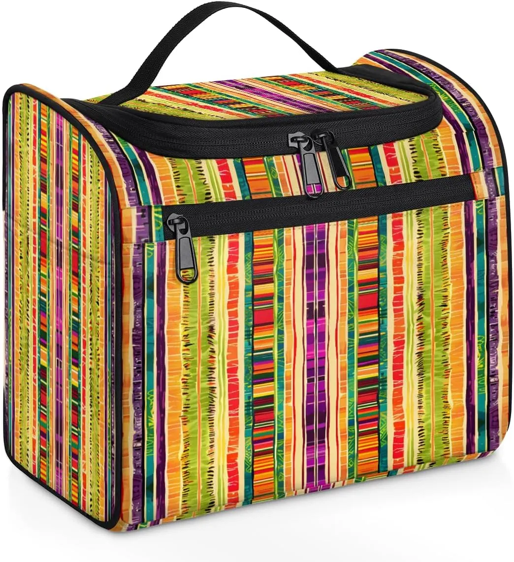 Mexican Stripes Travel Toiletry Bag for Men and Women, Large Hanging Makeup Bag Organizer Toiletries Bag for Travel, Cosmetic Bag with Handle