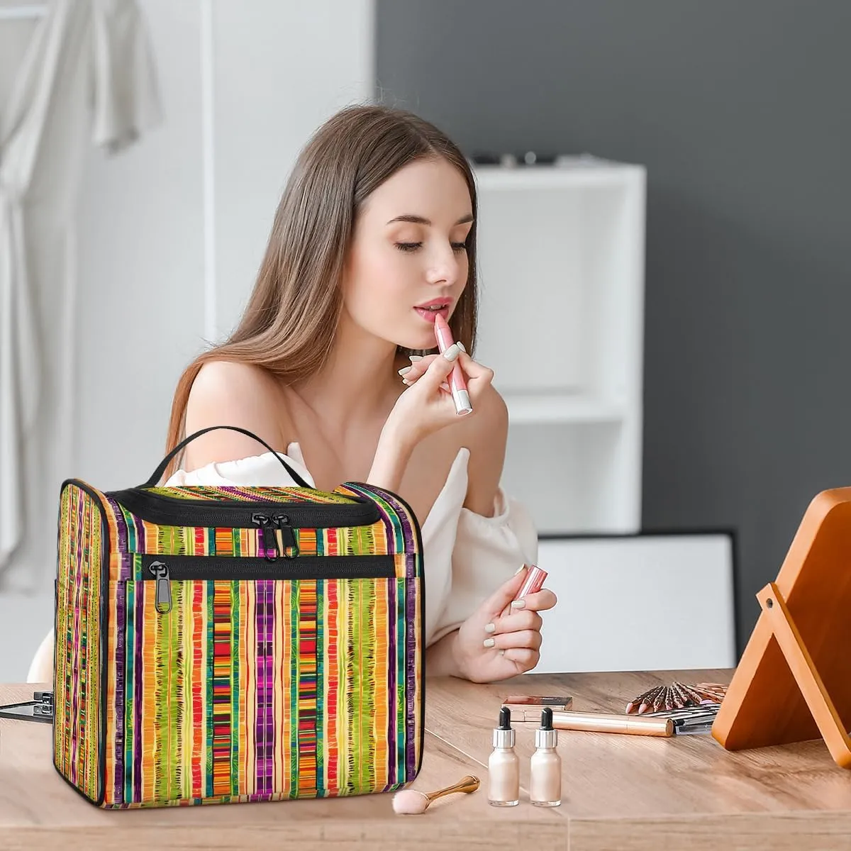Mexican Stripes Travel Toiletry Bag for Men and Women, Large Hanging Makeup Bag Organizer Toiletries Bag for Travel, Cosmetic Bag with Handle