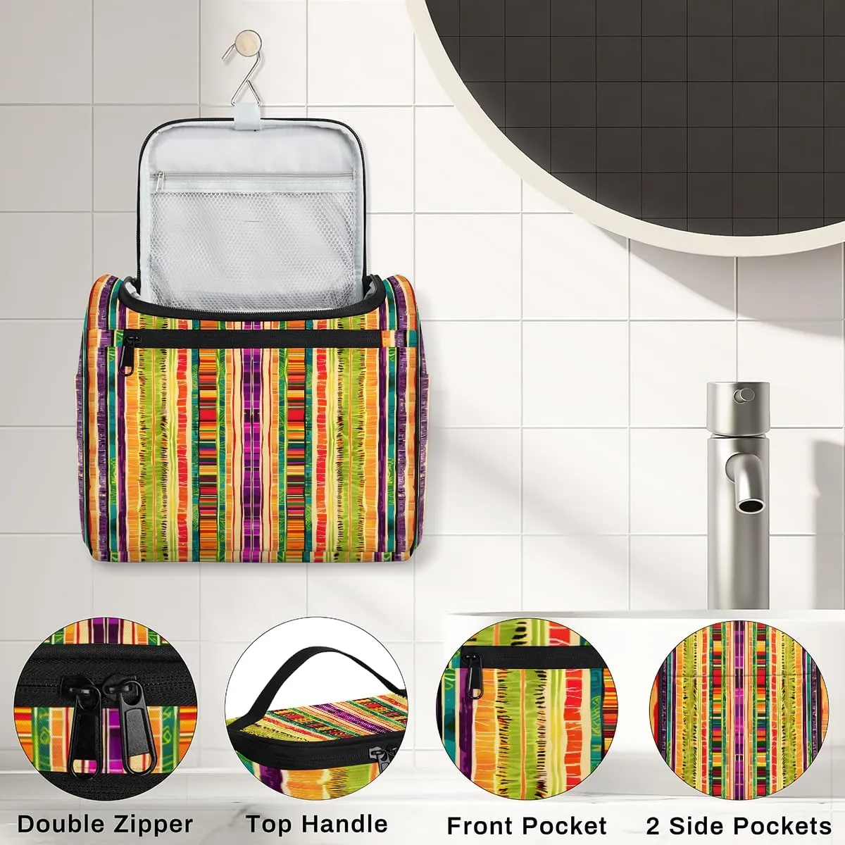 Mexican Stripes Travel Toiletry Bag for Men and Women, Large Hanging Makeup Bag Organizer Toiletries Bag for Travel, Cosmetic Bag with Handle