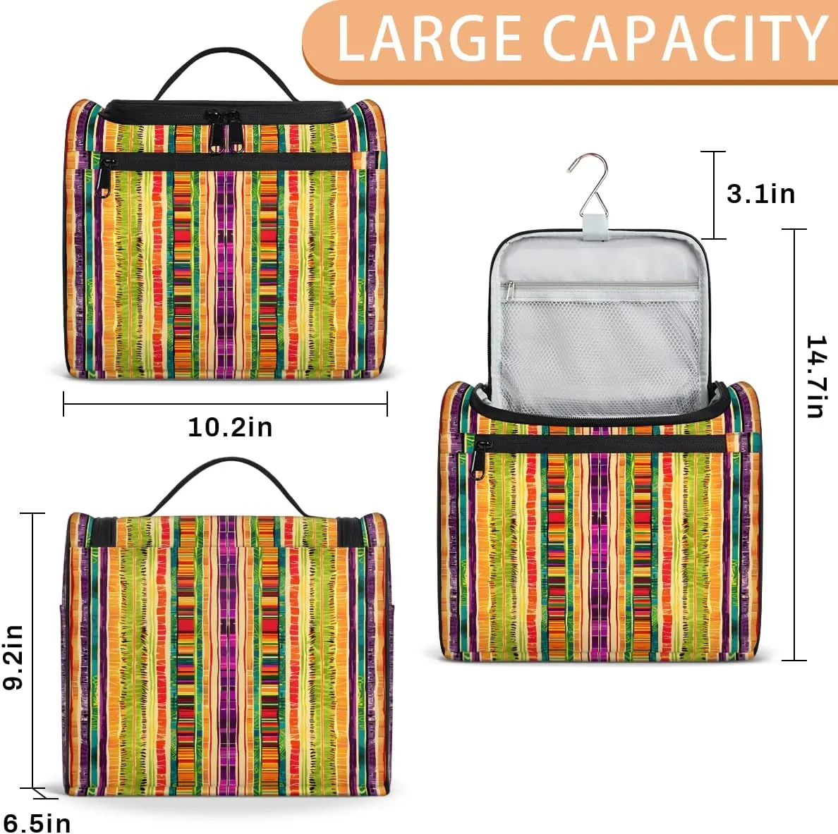 Mexican Stripes Travel Toiletry Bag for Men and Women, Large Hanging Makeup Bag Organizer Toiletries Bag for Travel, Cosmetic Bag with Handle