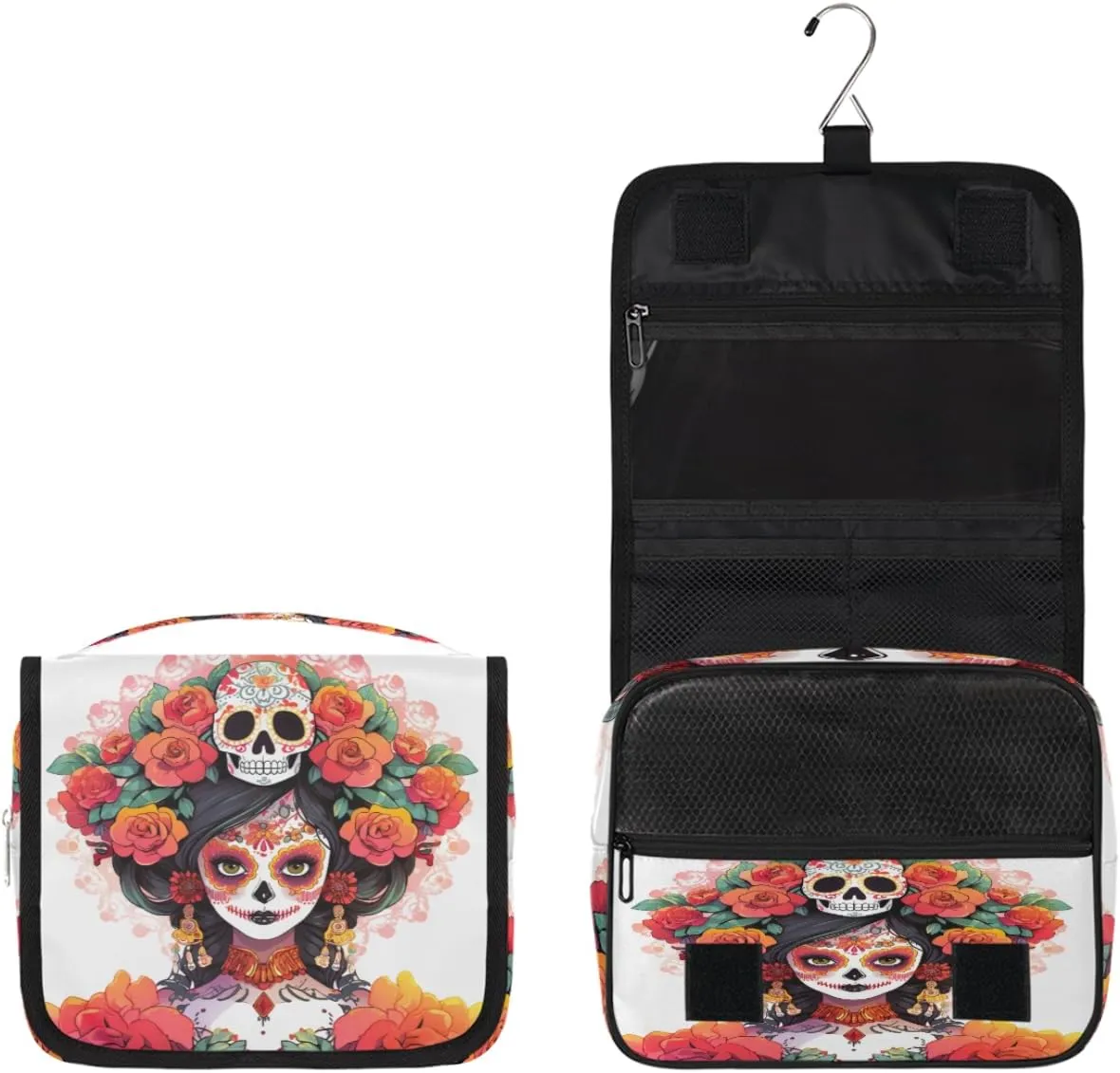 Mexican Sugar Skull Travel Toiletry Bag with Hanging Hook, Waterproof Toiletries Bag for Women, Portable Makeup Organizer for Makeup Brushes Digital Accessories, Hanging Cosmetics Bag for Bathroom