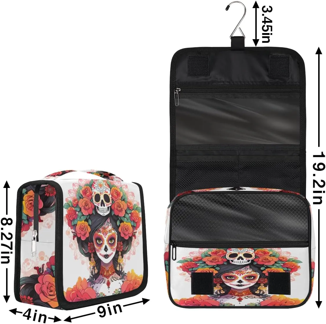 Mexican Sugar Skull Travel Toiletry Bag with Hanging Hook, Waterproof Toiletries Bag for Women, Portable Makeup Organizer for Makeup Brushes Digital Accessories, Hanging Cosmetics Bag for Bathroom
